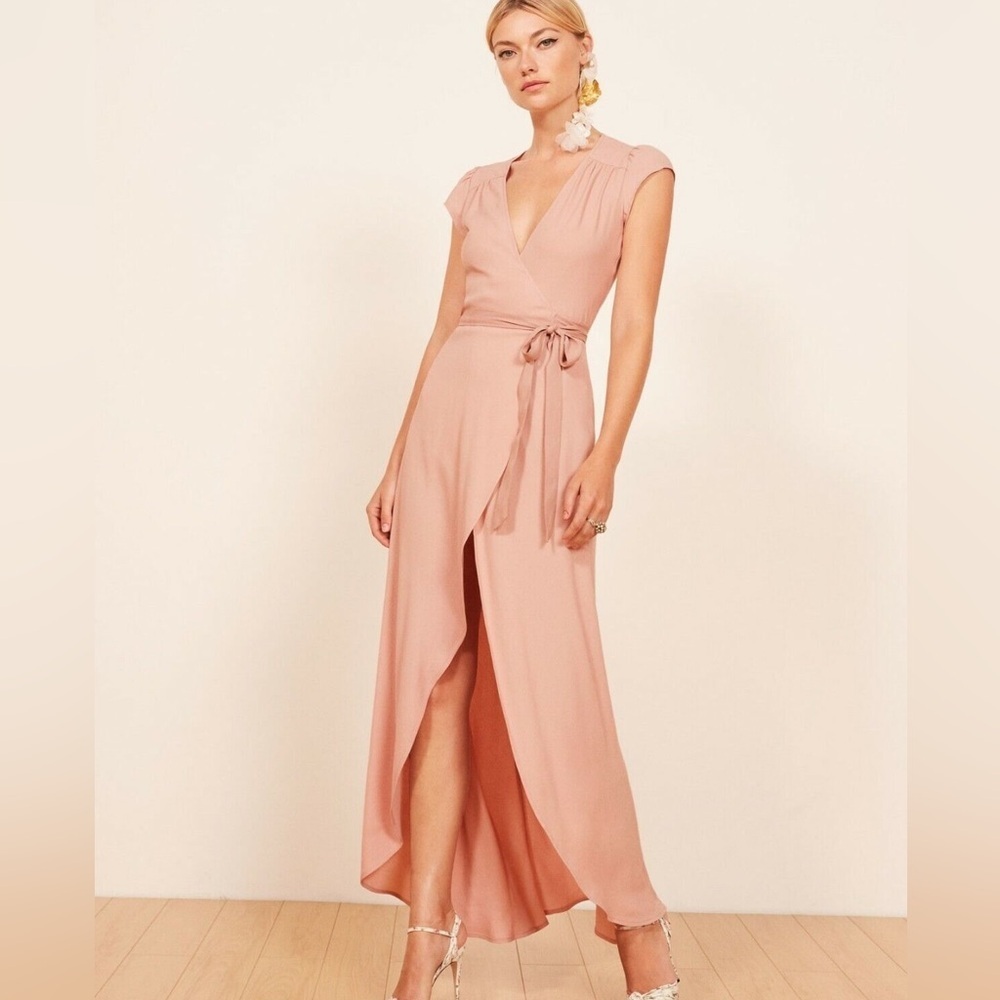 Reformation Blush Pink CHAMOMILE Crepe Wrap V-Neck Maxi High/Low Dress